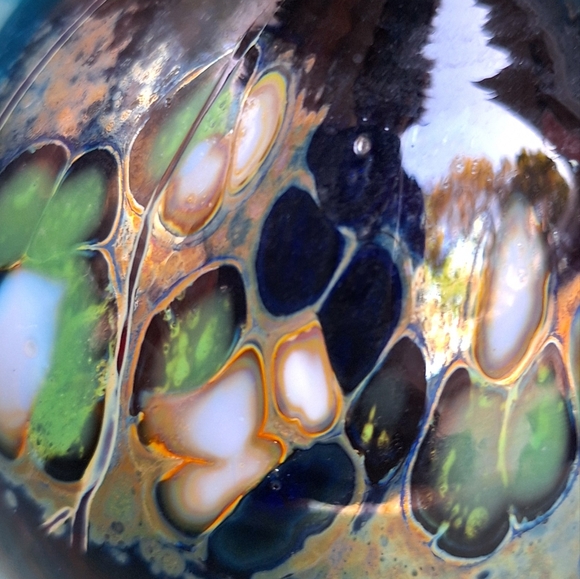 Hand Blown Glass Oil Lamp Orb or Bud Vase Artist Signed Mosaic Color Marble Ball - Picture 7 of 16